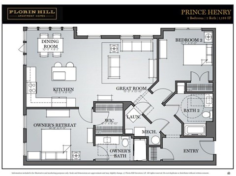 Floor plan for 2 beds, 2 baths, 1144 sqft